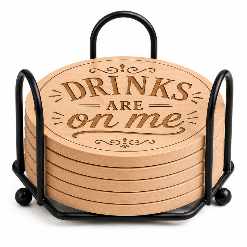 "Drinks Are on Me" Custom Laser Engraved Coasters – Cork, Wood & Slate Stone