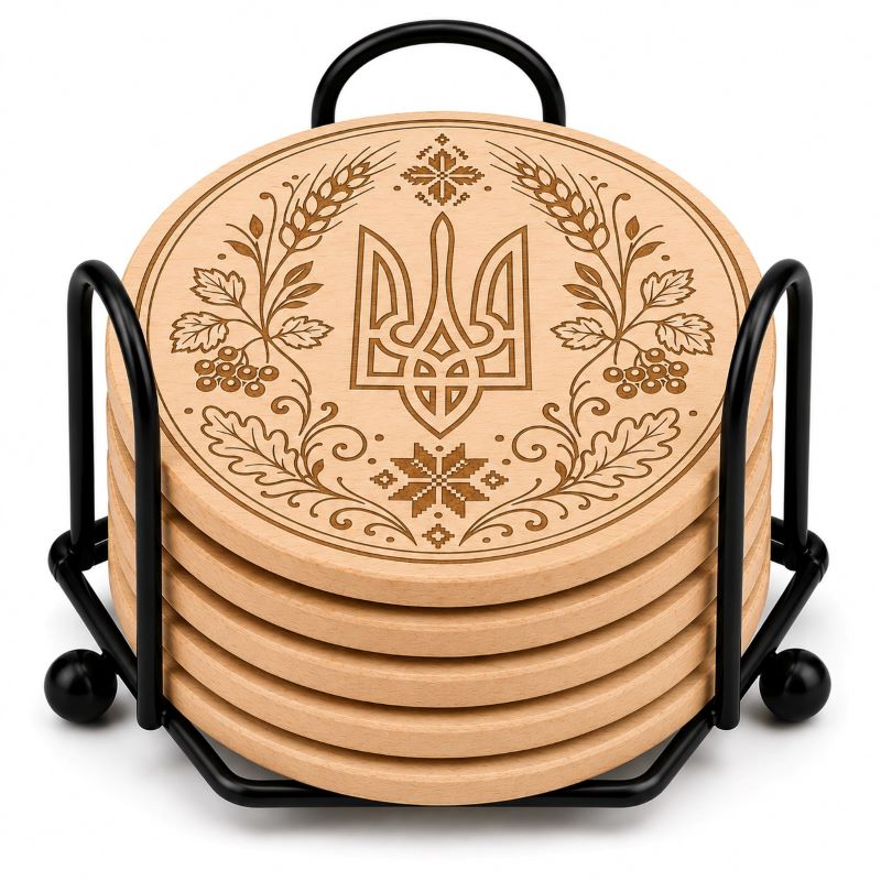 Ukrainian Trident & Kalyna Custom Laser Engraved Coasters – Cork, Wood & Slate Stone