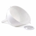 Anti splash winemaking and brewing funnel with a small white filter on a white background