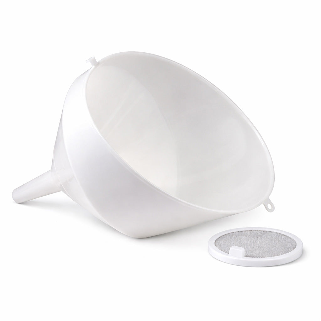 Anti splash winemaking and brewing funnel with a small white filter on a white background