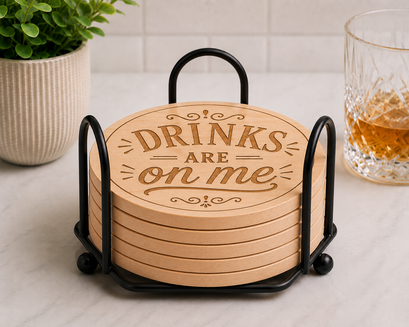 "Drinks Are on Me" Laser Engraved Coasters – Cork, Wood & Slate Stone Drink Coasters | Individual, Set of 4 or Set of 5 with Holder