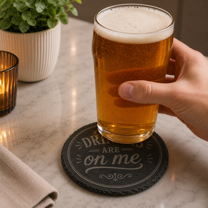 "Drinks Are on Me" Laser Engraved Coasters – Cork, Wood & Slate Stone Drink Coasters | Individual, Set of 4 or Set of 5 with Holder