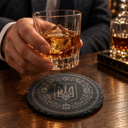 Ukrainian Trident / Tryzub Laser Engraved Coasters – Cork, Wood & Slate Stone Drink Coasters | Individual, Set of 4 or Set of 5 with Holder