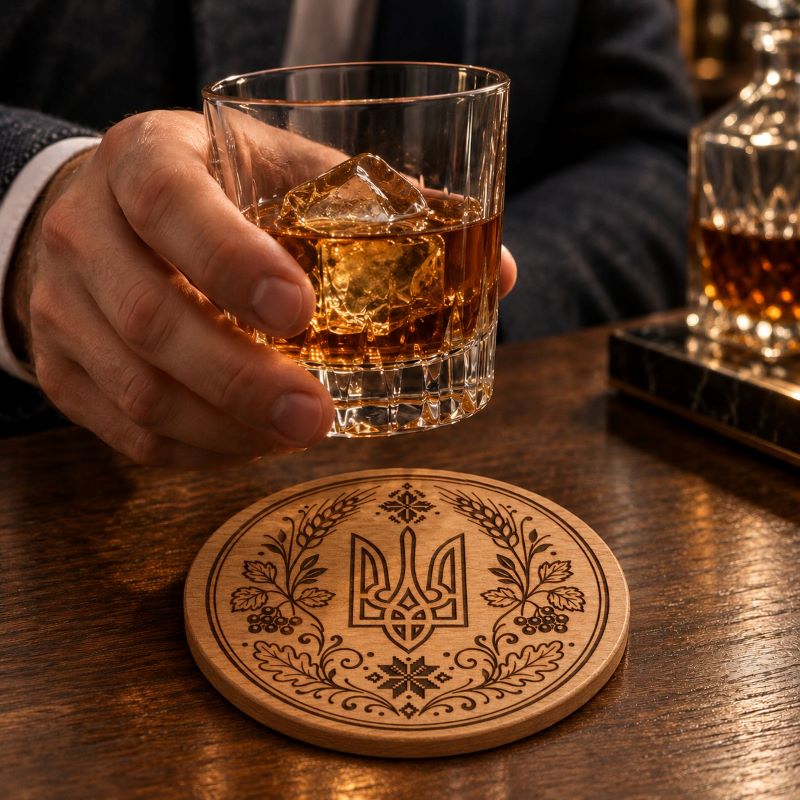 Ukrainian Trident & Kalyna Laser Engraved Coasters – Cork, Wood & Slate Stone | Single, Set of 4 or Set of 5