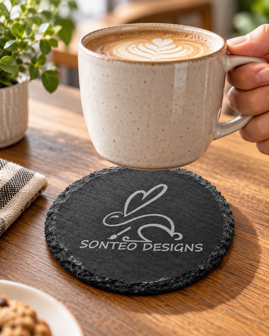 Custom Logo Laser Engraved Coasters – Upload Your Logo – Cork, Wood & Slate Stone
