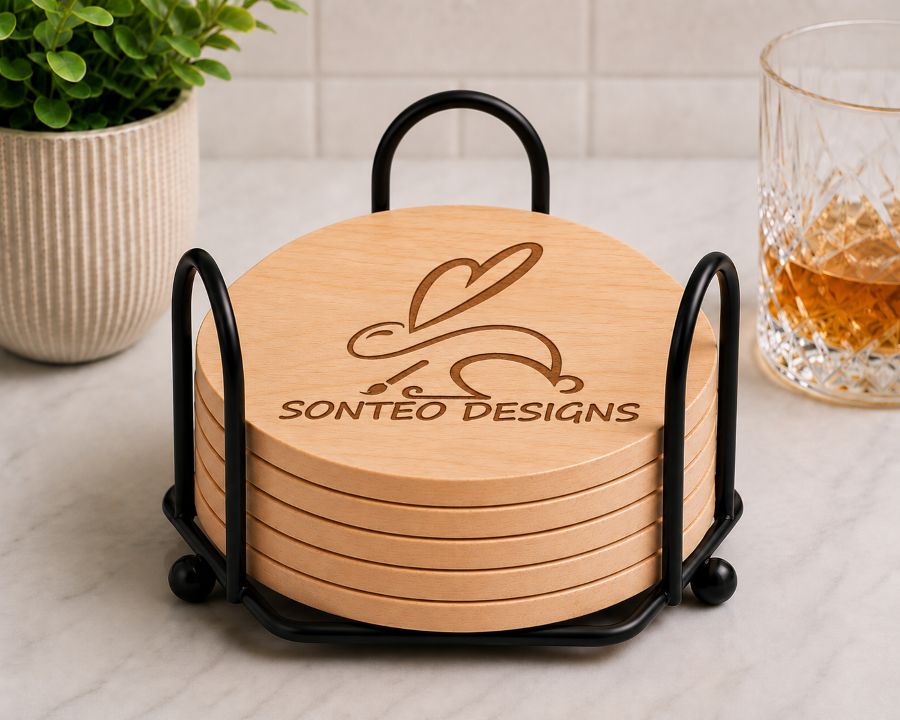 Custom Logo Laser Engraved Coasters – Upload Your Logo – Cork, Wood & Slate Stone