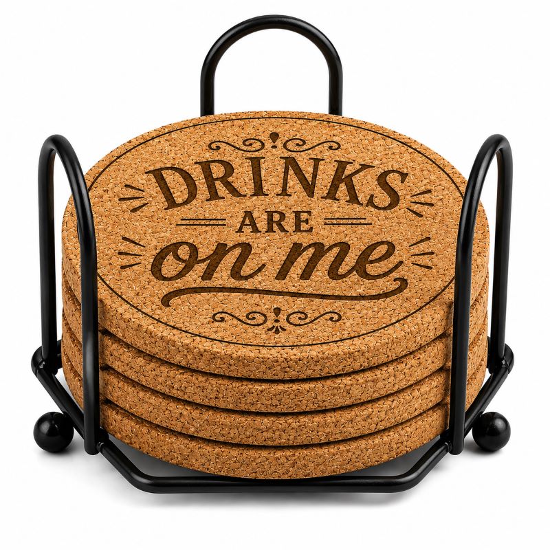 "Drinks Are on Me" Laser Engraved Coasters – Cork, Wood & Slate Stone Drink Coasters | Individual, Set of 4 or Set of 5 with Holder