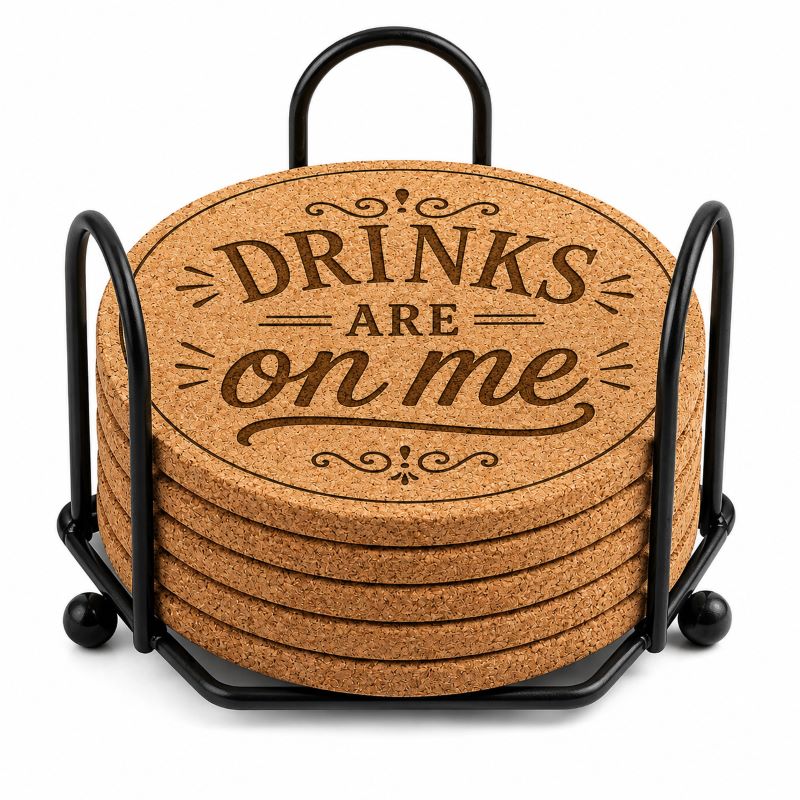 "Drinks Are on Me" Laser Engraved Coasters – Cork, Wood & Slate Stone Drink Coasters | Individual, Set of 4 or Set of 5 with Holder