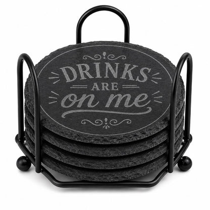 "Drinks Are on Me" Laser Engraved Coasters – Cork, Wood & Slate Stone Drink Coasters | Individual, Set of 4 or Set of 5 with Holder
