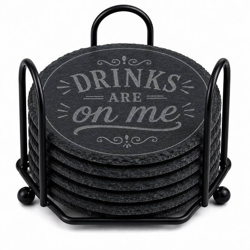 "Drinks Are on Me" Laser Engraved Coasters – Cork, Wood & Slate Stone Drink Coasters | Individual, Set of 4 or Set of 5 with Holder