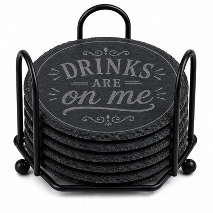 "Drinks Are on Me" Laser Engraved Coasters – Cork, Wood & Slate Stone Drink Coasters | Individual, Set of 4 or Set of 5 with Holder