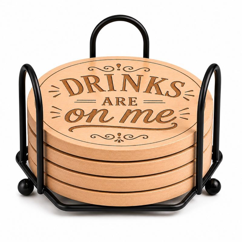 "Drinks Are on Me" Laser Engraved Coasters – Cork, Wood & Slate Stone Drink Coasters | Individual, Set of 4 or Set of 5 with Holder