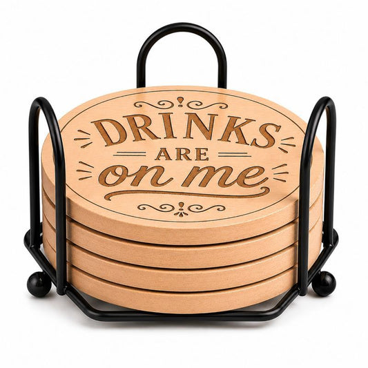 "Drinks Are on Me" Laser Engraved Coasters – Cork, Wood & Slate Stone Drink Coasters | Individual, Set of 4 or Set of 5 with Holder