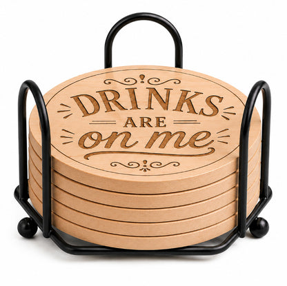 "Drinks Are on Me" Laser Engraved Coasters – Cork, Wood & Slate Stone Drink Coasters | Individual, Set of 4 or Set of 5 with Holder