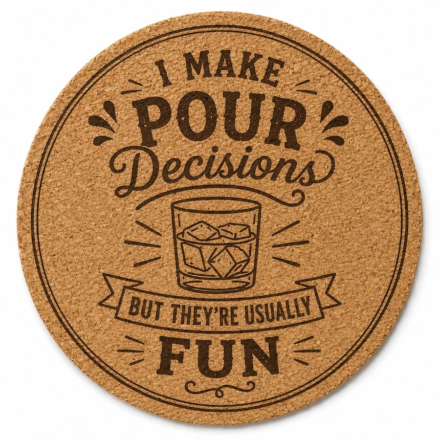 "I Make Pour Decisions" Custom Laser Engraved Coasters – Cork, Wood & Slate Stone