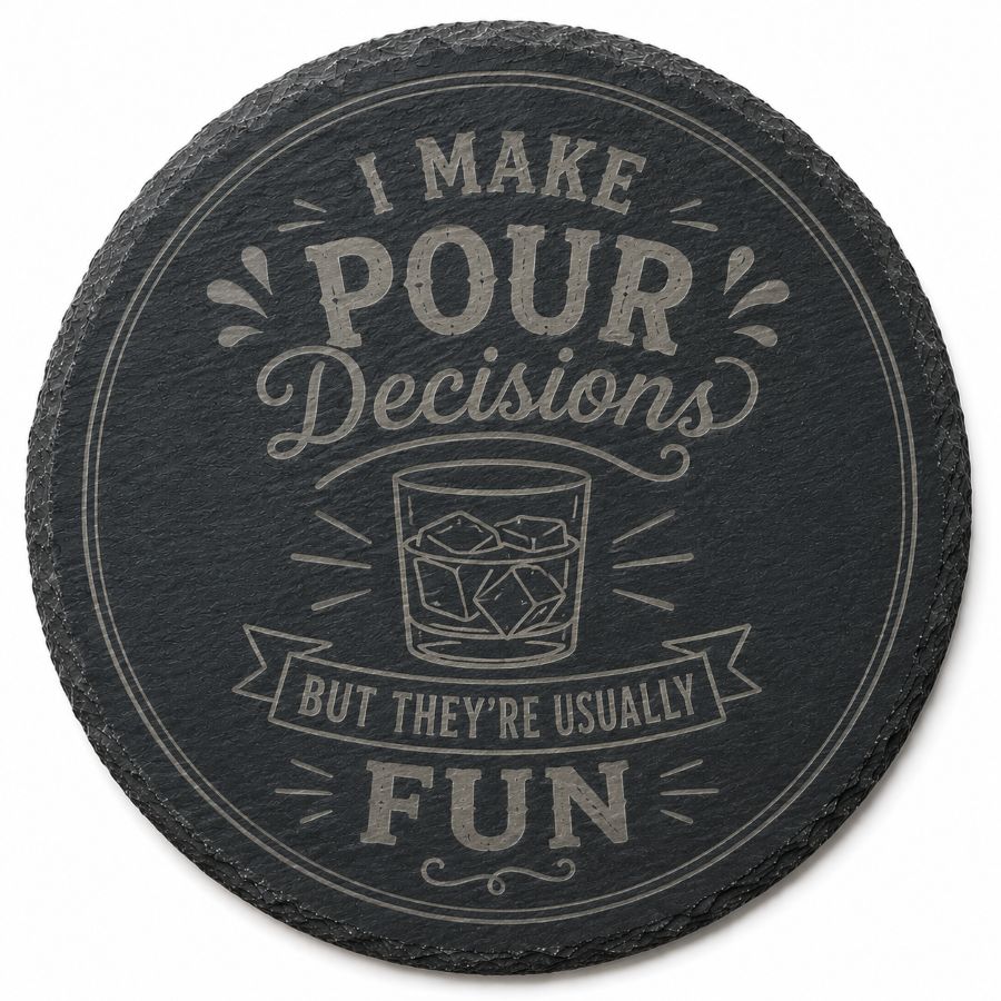 "I Make Pour Decisions" Custom Laser Engraved Coasters – Cork, Wood & Slate Stone