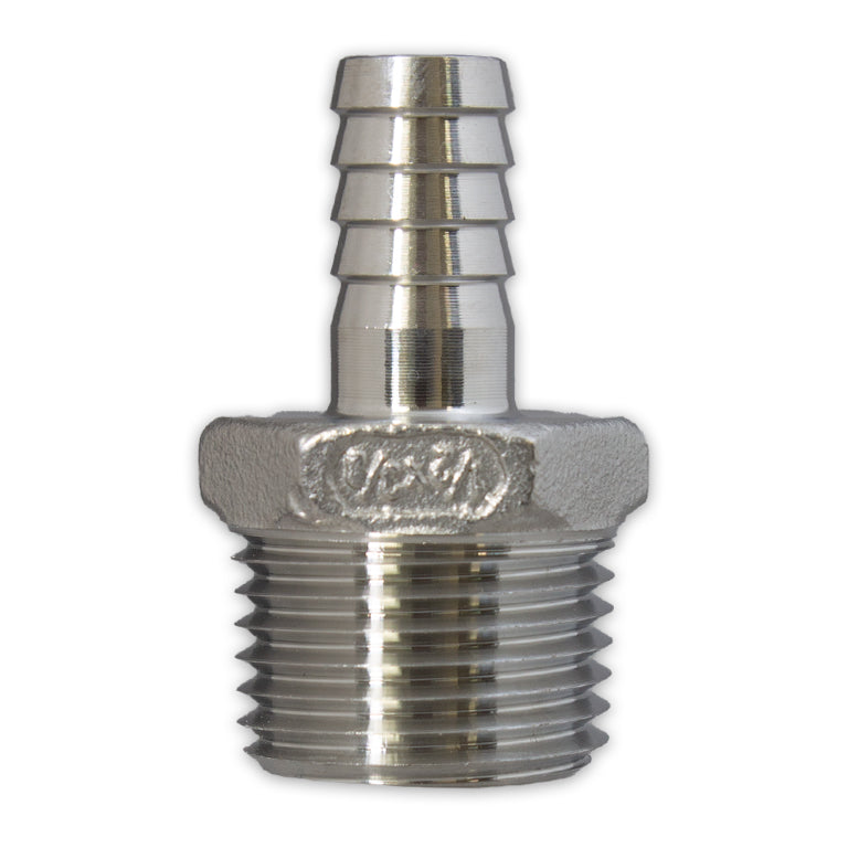 Stainless Steel 3/8" Barbed Hose Fitting – 1/2" NPT (Male or Female)