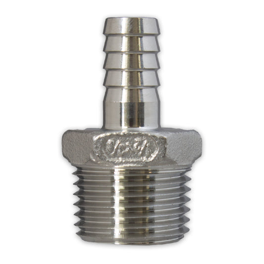 Stainless Steel 3/8" Barbed Hose Fitting – 1/2" NPT (Male or Female)