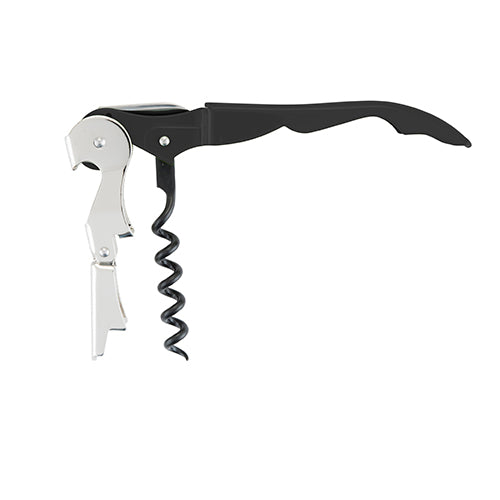 Corkscrew with black handle and silver blade on a white background
