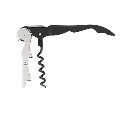 Corkscrew with black handle and silver blade on a white background