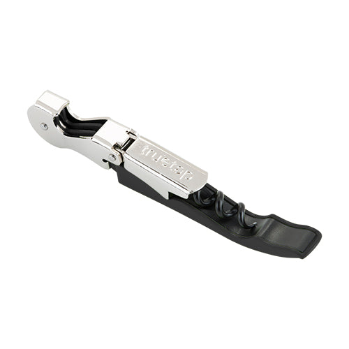 Corkscrew with black handle and silver top on a white background