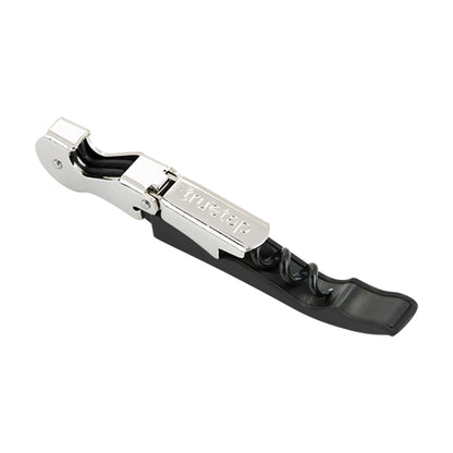 Corkscrew with black handle and silver top on a white background