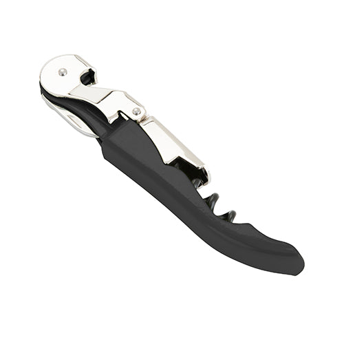 Black corkscrew with silver accents on a white background