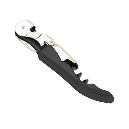Black corkscrew with silver accents on a white background