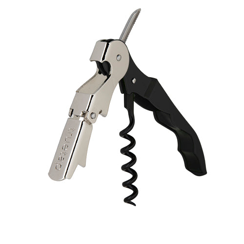 Corkscrew with black handle and silver blade on a white background
