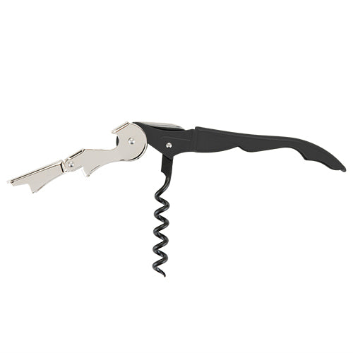 Corkscrew with black handle and silver opener on a white background