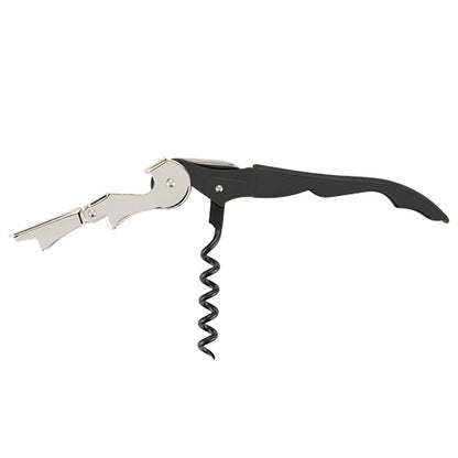 Corkscrew with black handle and silver opener on a white background