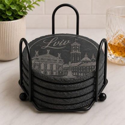 Ukrainian City Coasters – Laser Engraved Cork, Wood & Slate Stone | Kyiv, Lviv, Odesa & Kharkiv