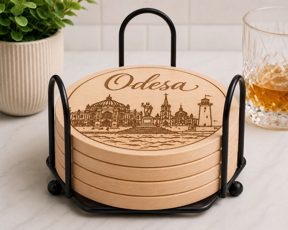 Ukrainian City Coasters – Laser Engraved Cork, Wood & Slate Stone | Kyiv, Lviv, Odesa & Kharkiv