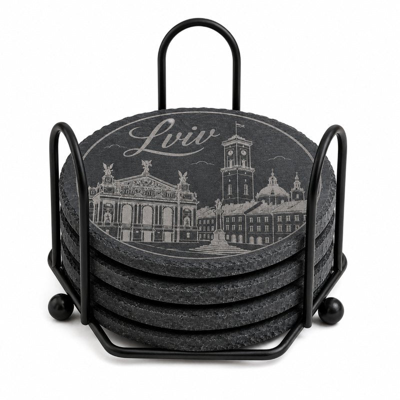 Ukrainian City Coasters – Laser Engraved Cork, Wood & Slate Stone | Kyiv, Lviv, Odesa & Kharkiv