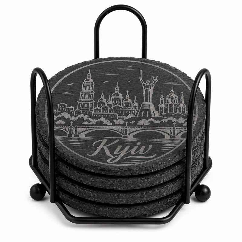 Ukrainian City Coasters – Laser Engraved Cork, Wood & Slate Stone | Kyiv, Lviv, Odesa & Kharkiv