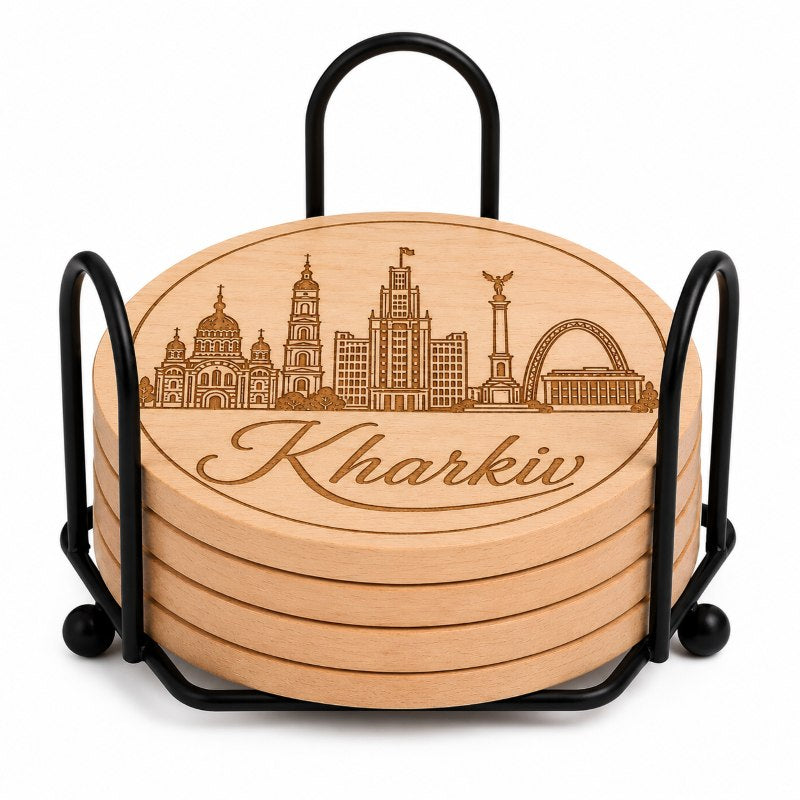 Ukrainian City Coasters – Laser Engraved Cork, Wood & Slate Stone | Kyiv, Lviv, Odesa & Kharkiv