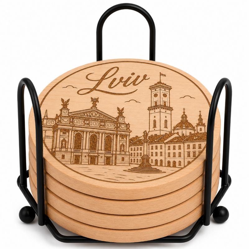 Ukrainian City Coasters – Laser Engraved Cork, Wood & Slate Stone | Kyiv, Lviv, Odesa & Kharkiv