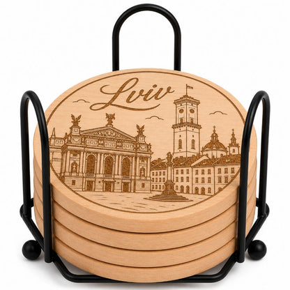 Ukrainian City Coasters – Laser Engraved Cork, Wood & Slate Stone | Kyiv, Lviv, Odesa & Kharkiv