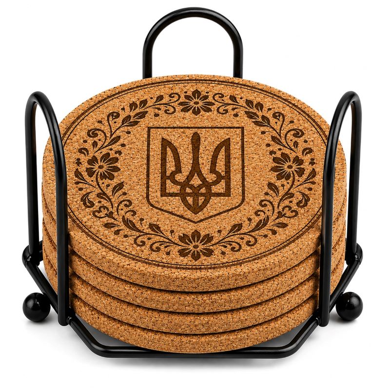 Ukrainian Trident / Tryzub Laser Engraved Coasters – Cork, Wood & Slate Stone Drink Coasters | Individual, Set of 4 or Set of 5 with Holder