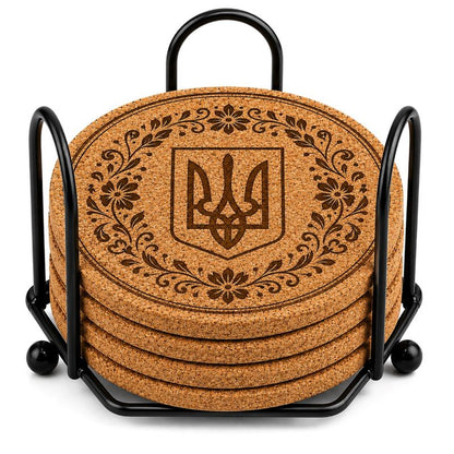 Ukrainian Trident / Tryzub Laser Engraved Coasters – Cork, Wood & Slate Stone Drink Coasters | Individual, Set of 4 or Set of 5 with Holder