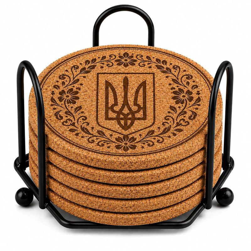 Ukrainian Trident / Tryzub Laser Engraved Coasters – Cork, Wood & Slate Stone Drink Coasters | Individual, Set of 4 or Set of 5 with Holder