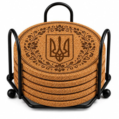 Ukrainian Trident / Tryzub Laser Engraved Coasters – Cork, Wood & Slate Stone Drink Coasters | Individual, Set of 4 or Set of 5 with Holder