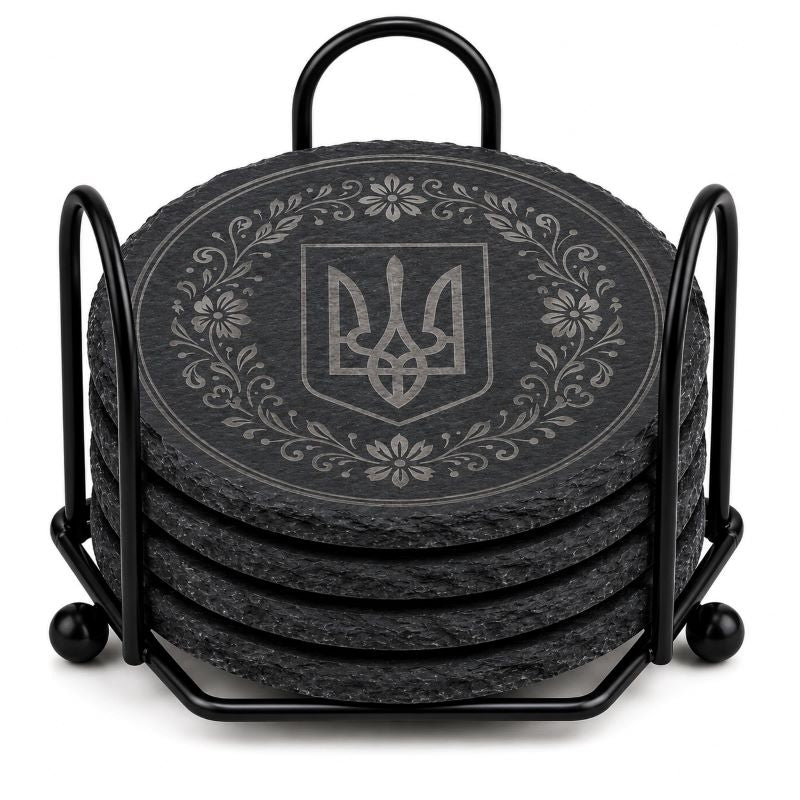 Ukrainian Trident / Tryzub Laser Engraved Coasters – Cork, Wood & Slate Stone Drink Coasters | Individual, Set of 4 or Set of 5 with Holder