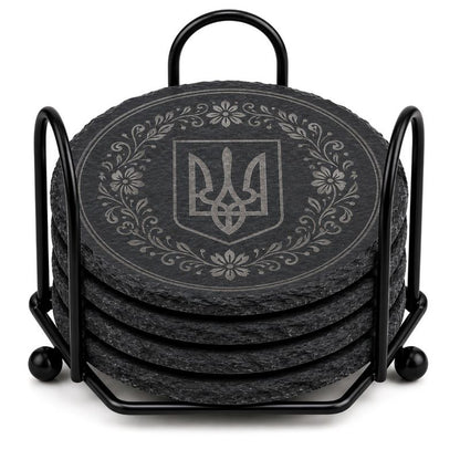 Ukrainian Trident / Tryzub Laser Engraved Coasters – Cork, Wood & Slate Stone Drink Coasters | Individual, Set of 4 or Set of 5 with Holder