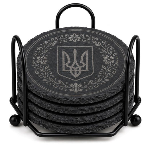 Ukrainian Trident / Tryzub Laser Engraved Coasters – Cork, Wood & Slate Stone Drink Coasters | Individual, Set of 4 or Set of 5 with Holder