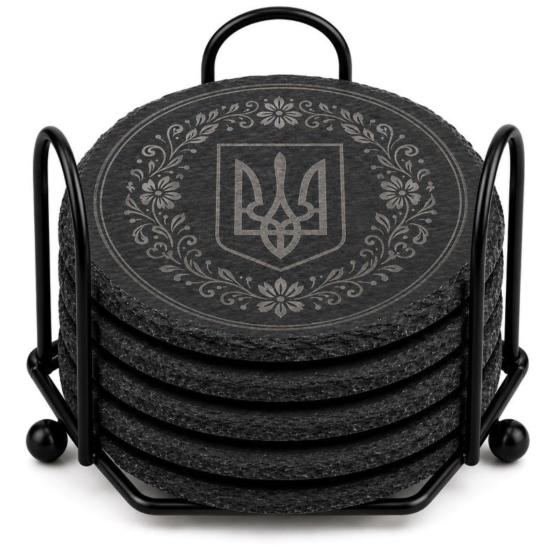Ukrainian Trident / Tryzub Laser Engraved Coasters – Cork, Wood & Slate Stone Drink Coasters | Individual, Set of 4 or Set of 5 with Holder