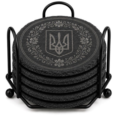 Ukrainian Trident / Tryzub Laser Engraved Coasters – Cork, Wood & Slate Stone Drink Coasters | Individual, Set of 4 or Set of 5 with Holder