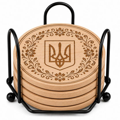 Ukrainian Trident / Tryzub Laser Engraved Coasters – Cork, Wood & Slate Stone Drink Coasters | Individual, Set of 4 or Set of 5 with Holder
