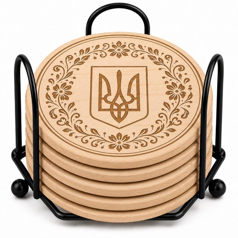 Ukrainian Trident / Tryzub Laser Engraved Coasters – Cork, Wood & Slate Stone Drink Coasters | Individual, Set of 4 or Set of 5 with Holder