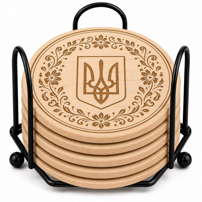 Ukrainian Trident / Tryzub Laser Engraved Coasters – Cork, Wood & Slate Stone Drink Coasters | Individual, Set of 4 or Set of 5 with Holder